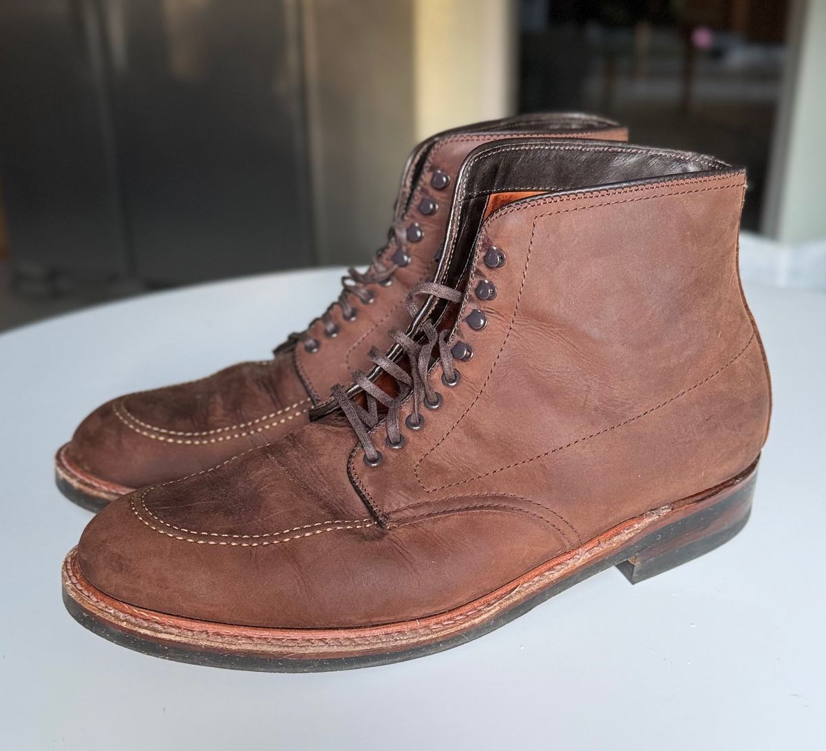Photo by boots.bikes.rx on November 9, 2023 of the Alden Indy Boot in Horween Tobacco Smooth Chamois.