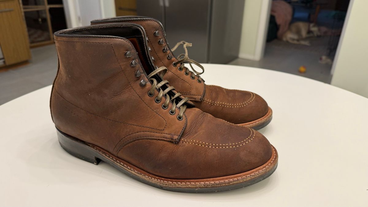 Photo by boots.bikes.rx on December 6, 2023 of the Alden Indy Boot in Horween Tobacco Smooth Chamois.