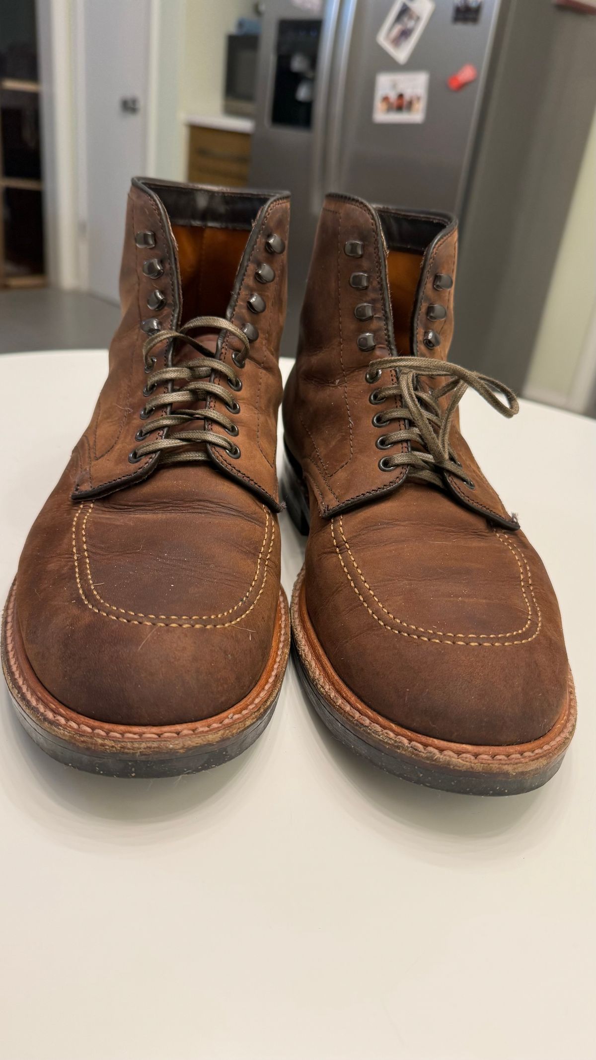 Photo by boots.bikes.rx on December 6, 2023 of the Alden Indy Boot in Horween Tobacco Smooth Chamois.
