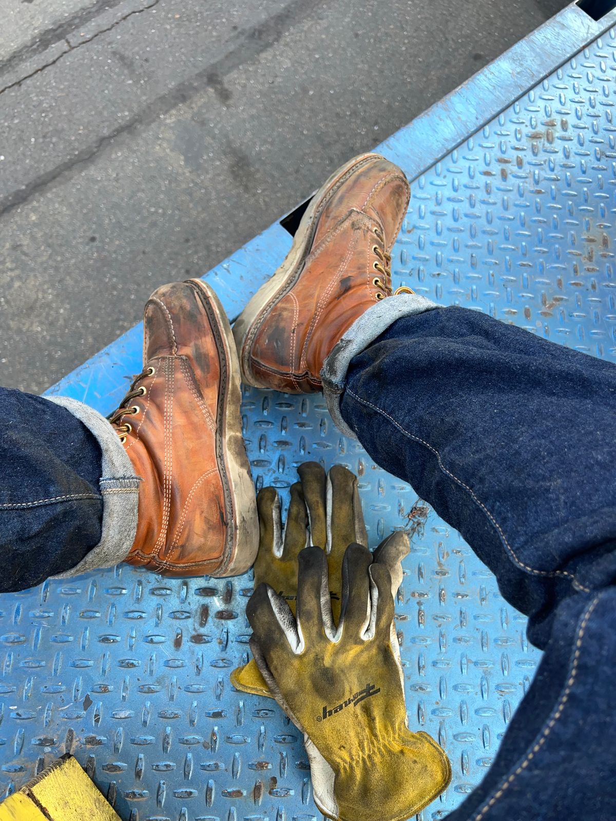 Photo by Tonytoekneetony on December 6, 2023 of the Thorogood 8" Moc Toe in Tobacco Gladiator Oil-Tanned.