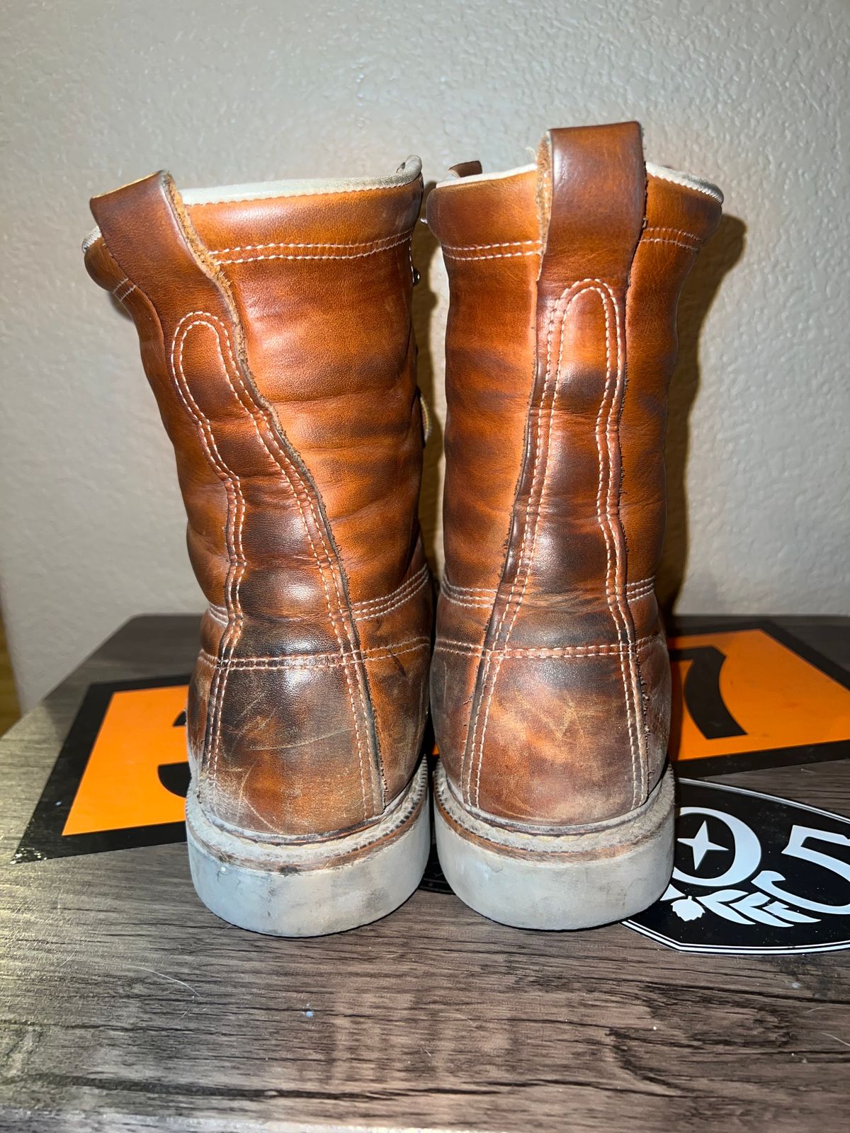 Photo by Tonytoekneetony on December 6, 2023 of the Thorogood 8" Moc Toe in Tobacco Gladiator Oil-Tanned.