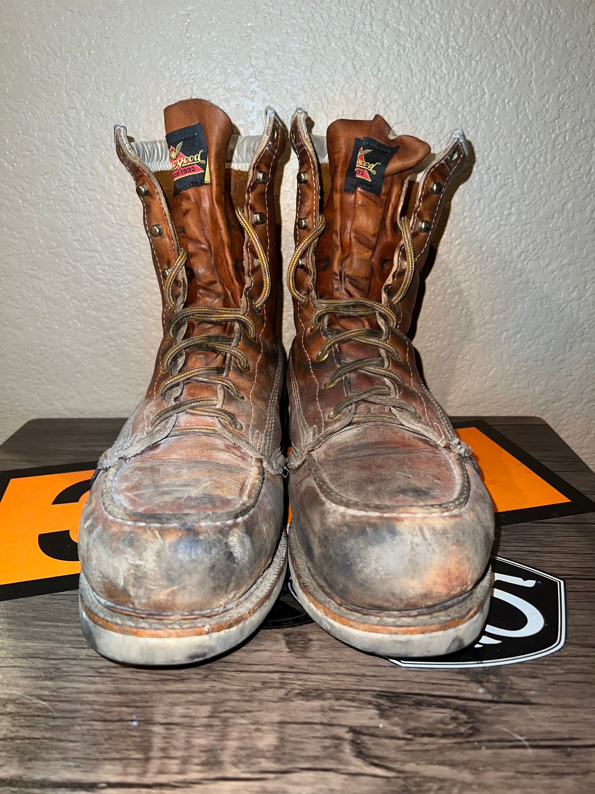 Photo by Tonytoekneetony on December 6, 2023 of the Thorogood 8" Moc Toe in Tobacco Gladiator Oil-Tanned.