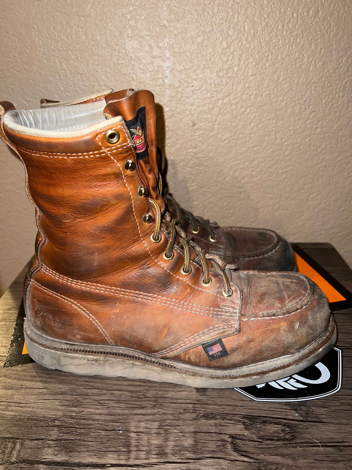 Photo by Tonytoekneetony on December 6, 2023 of the Thorogood 8" Moc Toe in Tobacco Gladiator Oil-Tanned.