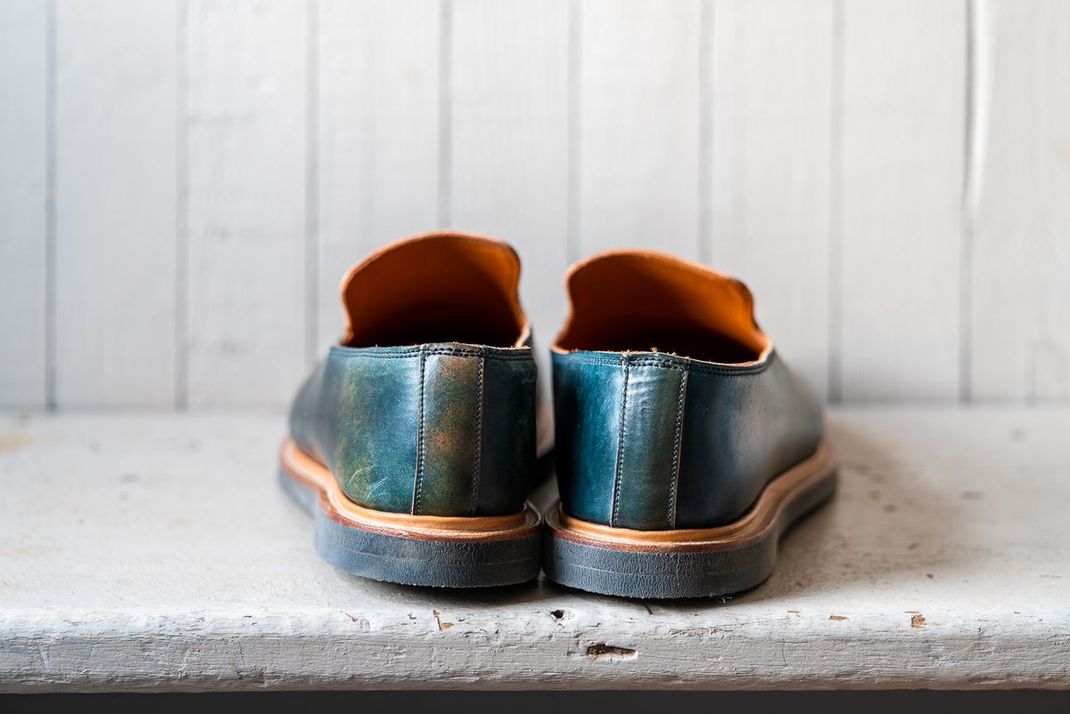 Photo by amvoith on October 1, 2022 of the Viberg Slipper in Horween Black Scuffed Shell Cordovan.
