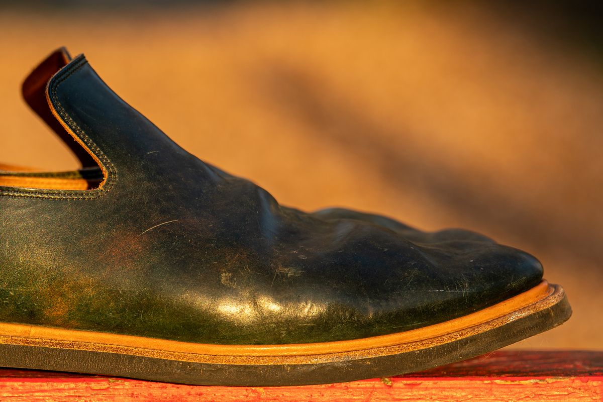 Photo by amvoith on November 4, 2022 of the Viberg Slipper in Horween Black Scuffed Shell Cordovan.