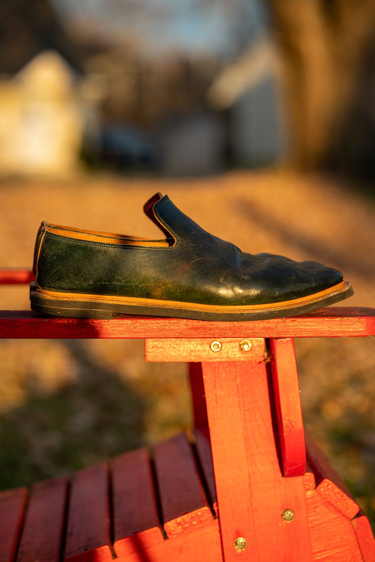 Photo by amvoith on November 4, 2022 of the Viberg Slipper in Horween Black Scuffed Shell Cordovan.