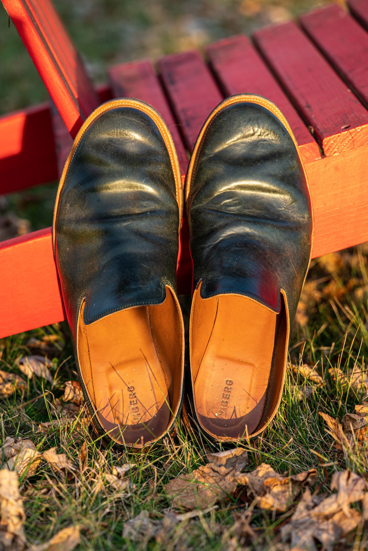 Photo by amvoith on November 4, 2022 of the Viberg Slipper in Horween Black Scuffed Shell Cordovan.