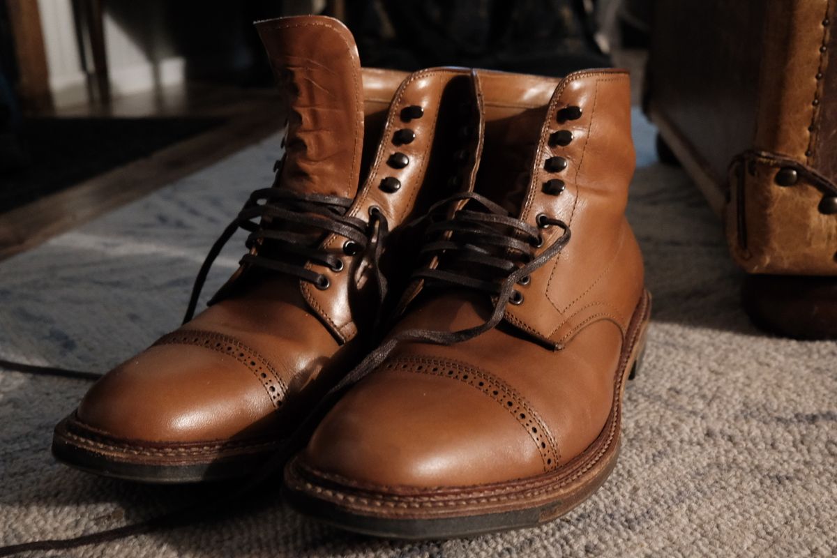 Photo by ACepero on December 31, 2023 of the Alden Perforated Cap Toe Boot in Burnished Tan Calfskin.