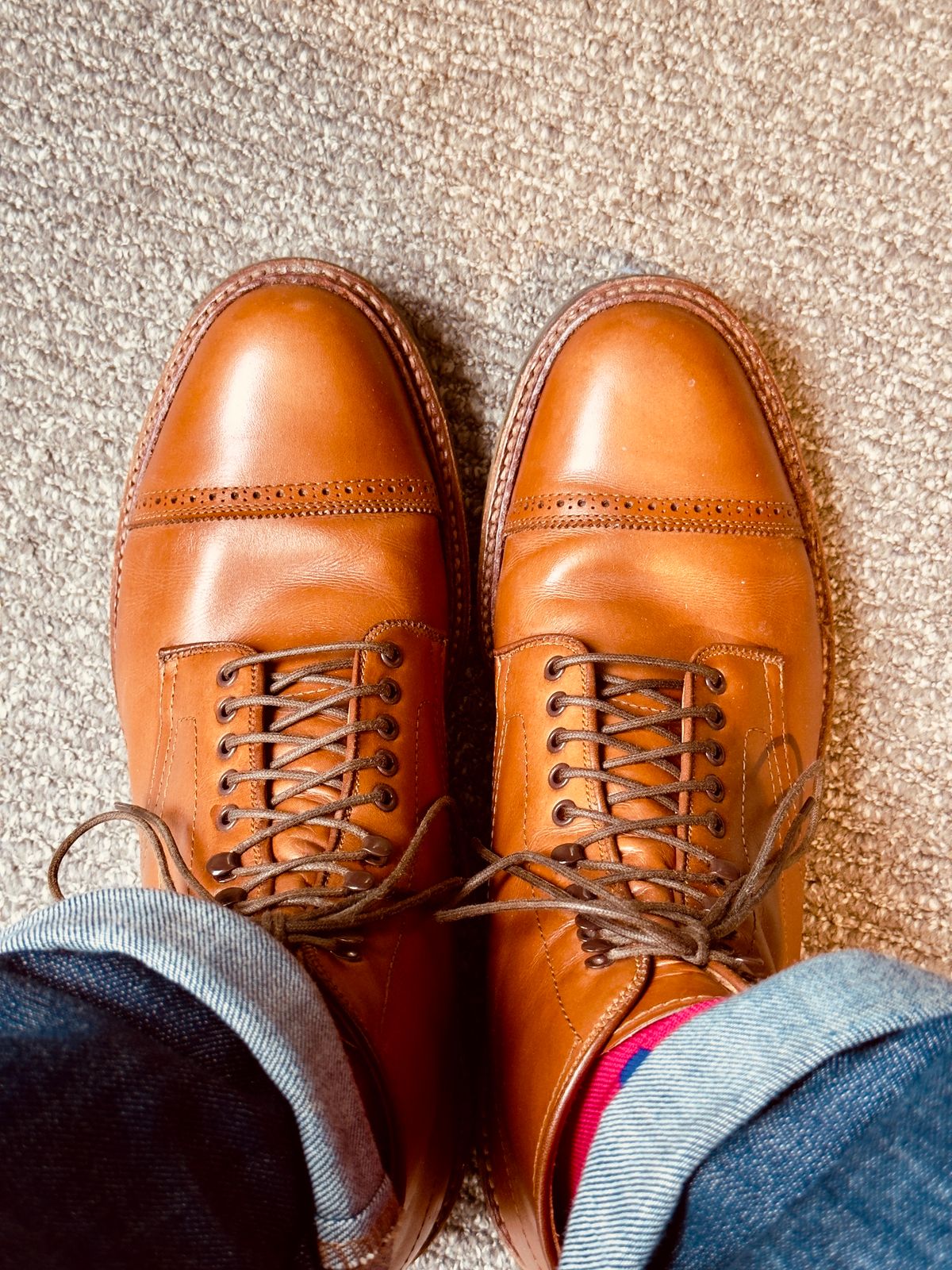 Photo by ACepero on January 26, 2024 of the Alden Perforated Cap Toe Boot in Burnished Tan Calfskin.