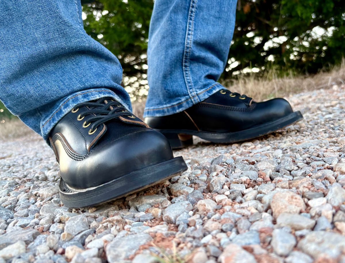 Photo by btstewart on October 1, 2025 of the The Flat Head FN-FB-004 HORSEHIDE LOGGER BOOTS in Black aniline dyed tea core.