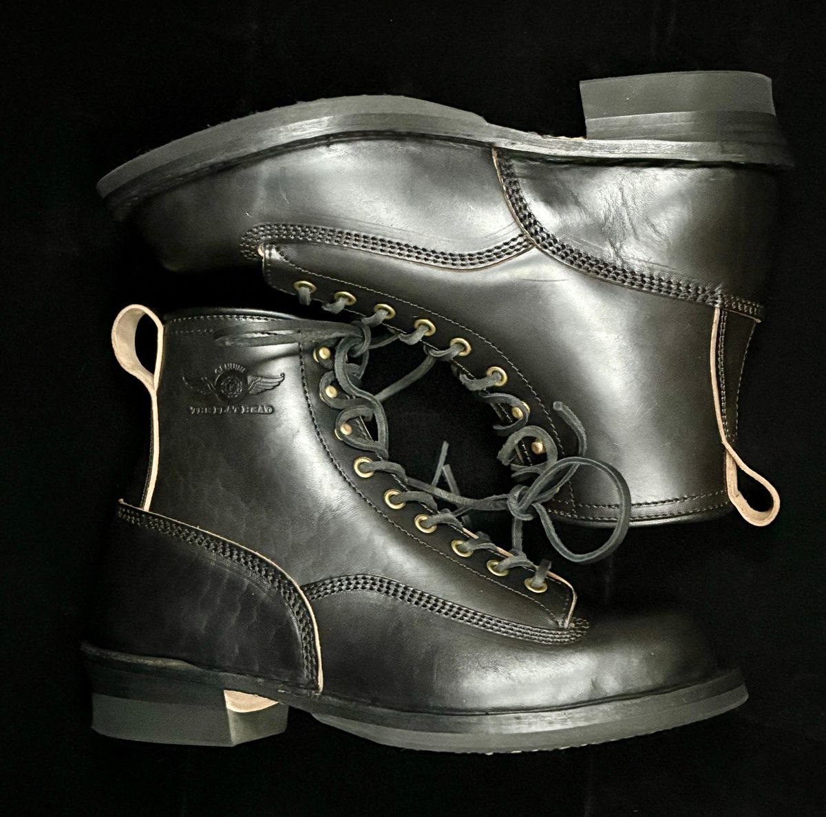 Photo by btstewart on October 1, 2025 of the The Flat Head FN-FB-004 HORSEHIDE LOGGER BOOTS in Black aniline dyed tea core.