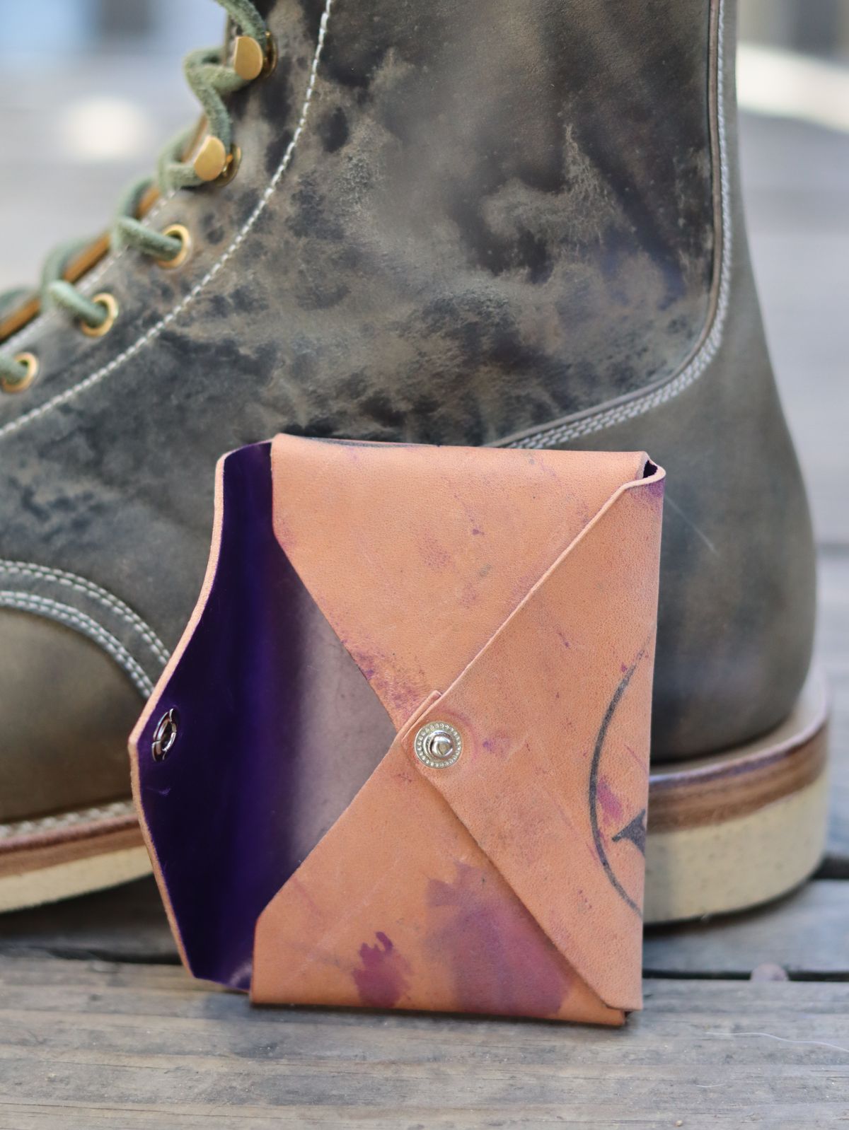 Photo by stepped_in_dookie_again on October 1, 2025 of the Guarded Goods Aegis in Horween Violet Reverse Shell Cordovan.