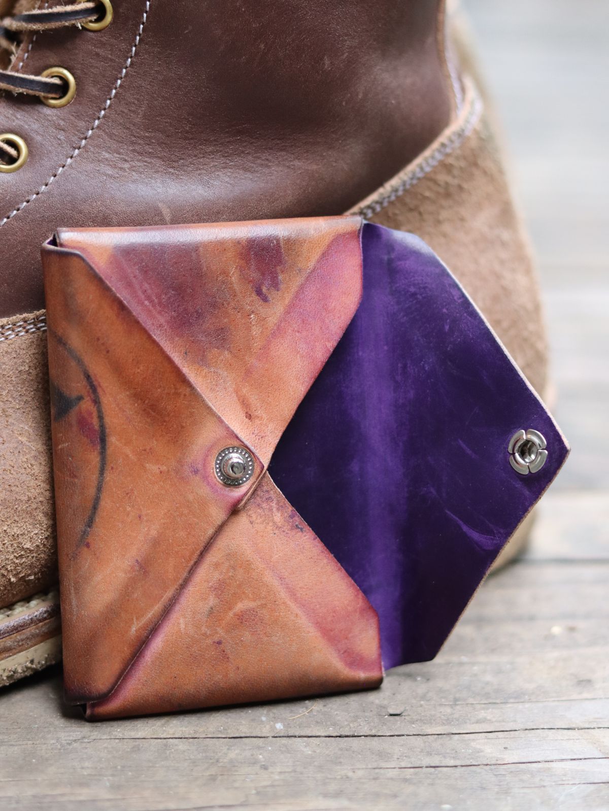 Photo by stepped_in_dookie_again on December 5, 2025 of the Guarded Goods Aegis in Horween Violet Reverse Shell Cordovan.