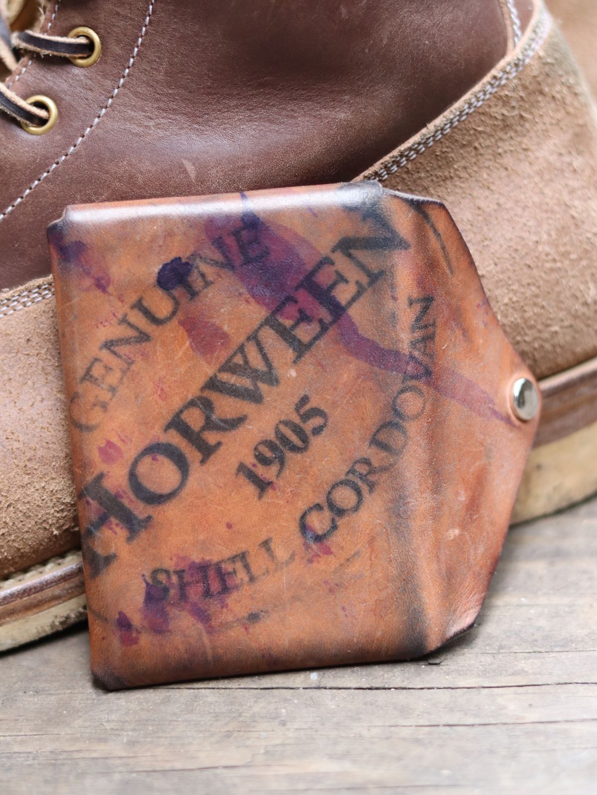 Photo by stepped_in_dookie_again on December 5, 2025 of the Guarded Goods Aegis in Horween Violet Reverse Shell Cordovan.