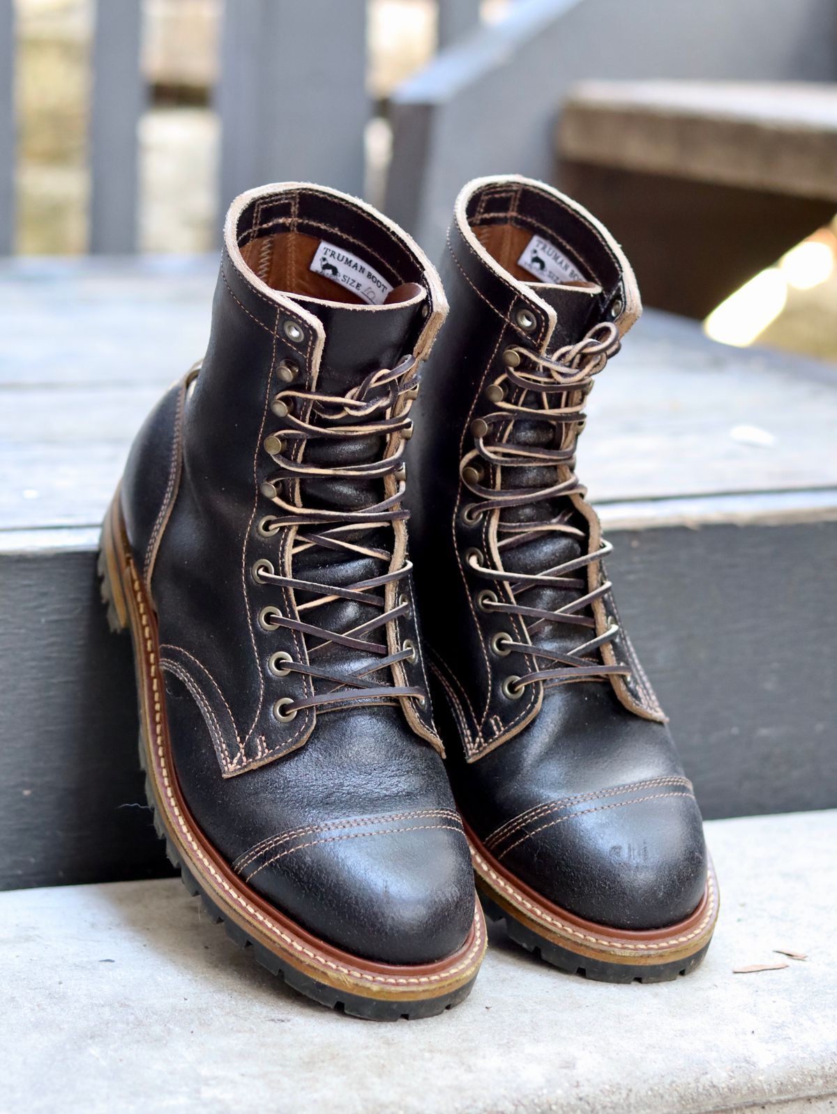 Photo by stepped_in_dookie_again on February 3, 2025 of the Truman Cap Toe Boot in Horween Black Waxed Flesh.