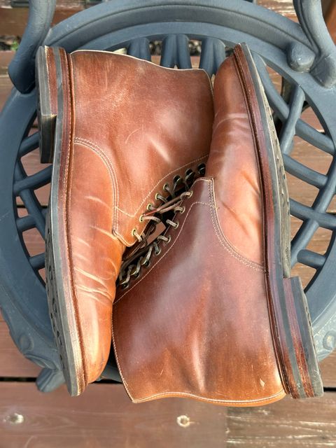 Photo by unsound_gambit on December 4, 2022 of the Grant Stone Edward Boot in Horween Honey Glazed Shell Cordovan.
