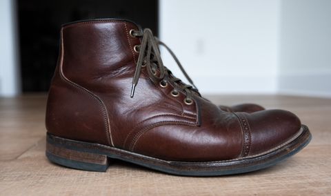 Photo by Hi.Im.Ron on January 6, 2025 of the Viberg Service Boot in Shinki Hikaku Dark Brown Latigo Horsehide.