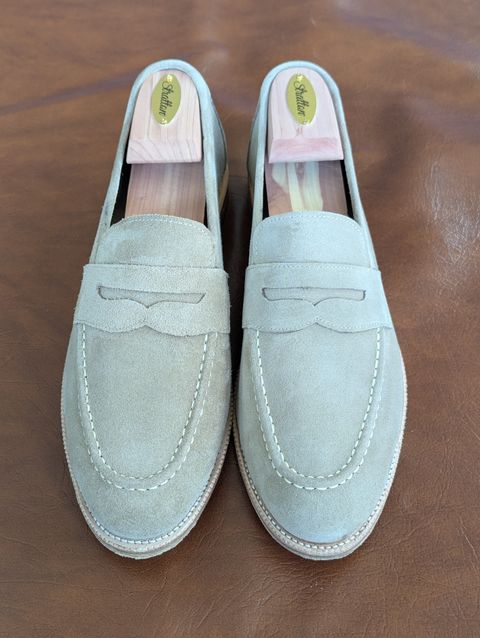 Photo by habibiboots7 on July 22, 2026 of the Meermin Penny Loafer in C.F. Stead Taupe Repello Suede.