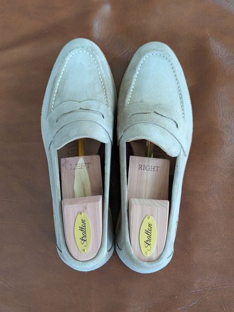 Photo by habibiboots7 on July 22, 2026 of the Meermin Penny Loafer in C.F. Stead Taupe Repello Suede.