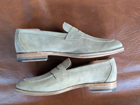 Photo by habibiboots7 on July 22, 2026 of the Meermin Penny Loafer in C.F. Stead Taupe Repello Suede.