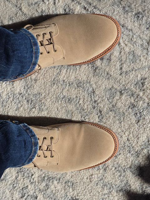 Photo by wizaxed on January 15, 2026 of the Grant Stone Edward Boot in C.F. Stead Tan Repello Calf Suede.