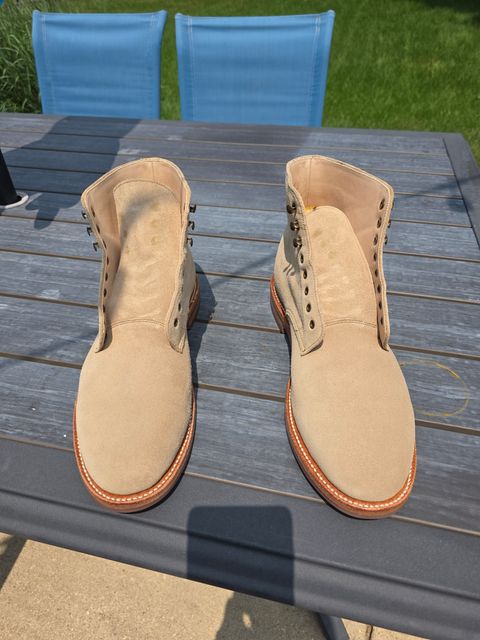 Photo by wizaxed on July 19, 2026 of the Grant Stone Edward Boot in C.F. Stead Tan Repello Calf Suede.