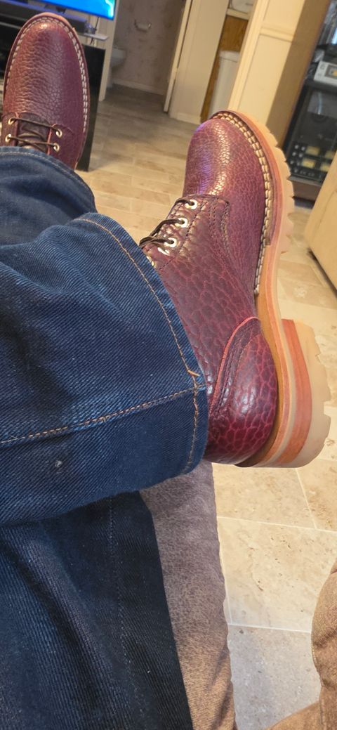 Photo by mknewman on April 23, 2026 of the Nicks 1925 Last Dress Boot in Law Tanning Oxblood Smooth Shruken Bison.