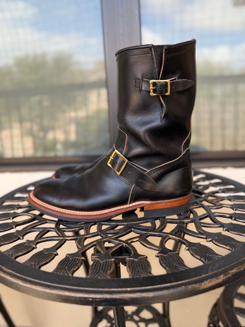 Photo by indi.raw.oninsb on March 3, 2026 of the The Flat Head Engineer Boots in Horween Black Chromexcel.