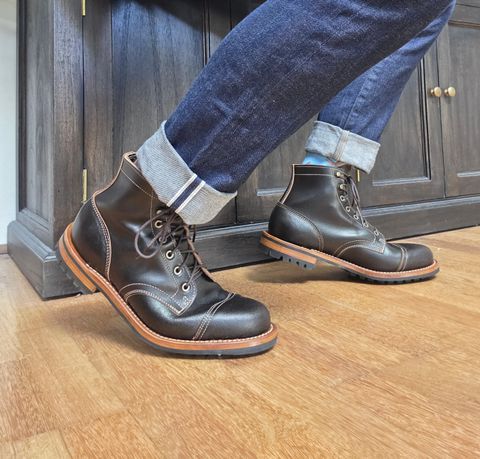 Photo by DownThunderdome on April 29, 2025 of the Truman Cap Toe Boot in Horween Java Waxed Flesh.