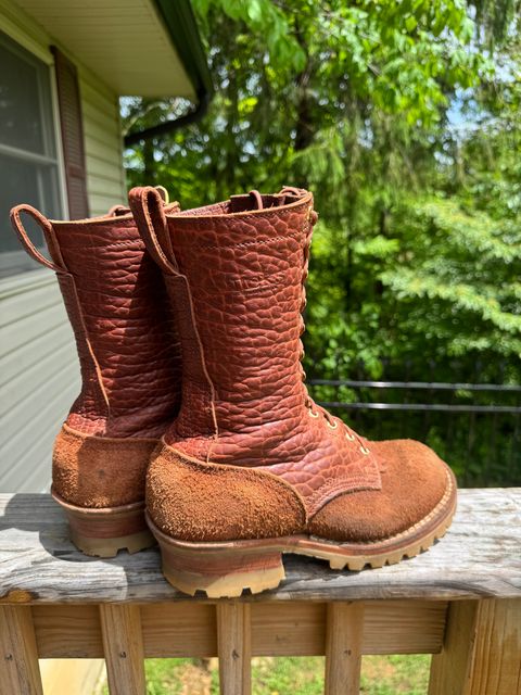 Photo by gstein.250 on June 6, 2026 of the Nicks BuilderPro in Law Tanning Chocolate Roughout Shruken Bison & Law Tanning Chocolate Smooth Shruken Bison.