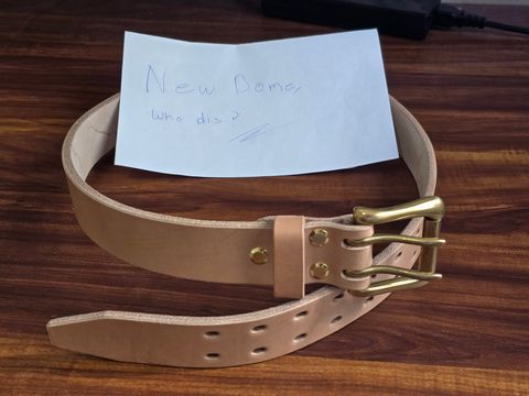 Photo by katzpowa on October 1, 2025 of the Carmine Jack Leather Thunderdome Natural Shipyard Belt in J&FJ Baker Natural Oak Bark Bridle.