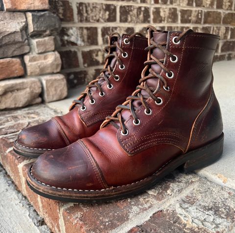 Photo by outlier on July 17, 2026 of the Nicks 1925 Last Dress Boot in Wickett & Craig Buck Brown Double Stuffed.