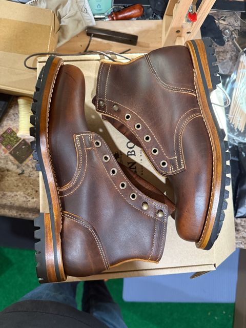 Photo by sweatpantszach on May 12, 2025 of the Truman Plain Toe Boot in Tobacco Snakebite.