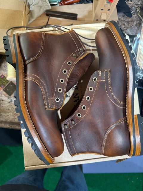 Photo by sweatpantszach on May 12, 2025 of the Truman Plain Toe Boot in Tobacco Snakebite.