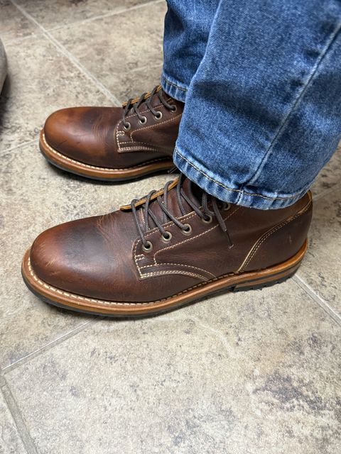 Photo by sweatpantszach on June 30, 2025 of the Truman Plain Toe Boot in Tobacco Snakebite.