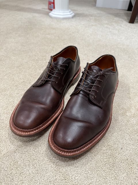 Photo by sweatpantszach on April 20, 2025 of the Alden Plain Toe Blucher in Horween Brown Chromexcel.