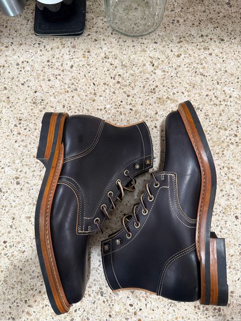 Photo by sweatpantszach on June 23, 2025 of the Truman Plain Toe Boot in Black Teacore.