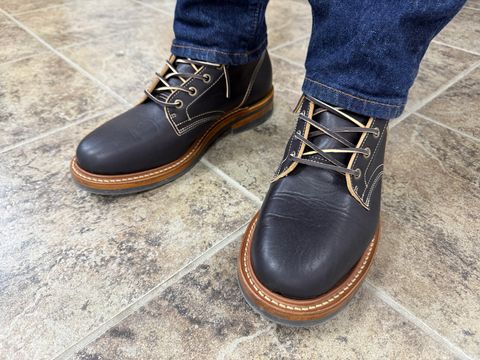 Photo by sweatpantszach on July 14, 2025 of the Truman Plain Toe Boot in Black Teacore.