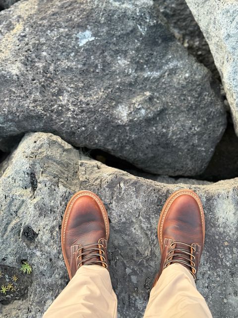 Photo by sweatpantszach on August 26, 2025 of the Truman Plain Toe Boot in Tobacco Snakebite.