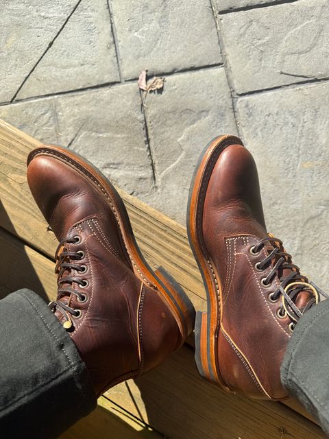 Photo by sweatpantszach on October 3, 2025 of the Truman Plain Toe Boot in Tobacco Snakebite.