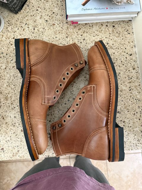 Photo by sweatpantszach on May 27, 2025 of the Truman Cap Toe Boot in Seidel Sesame Double Shot.