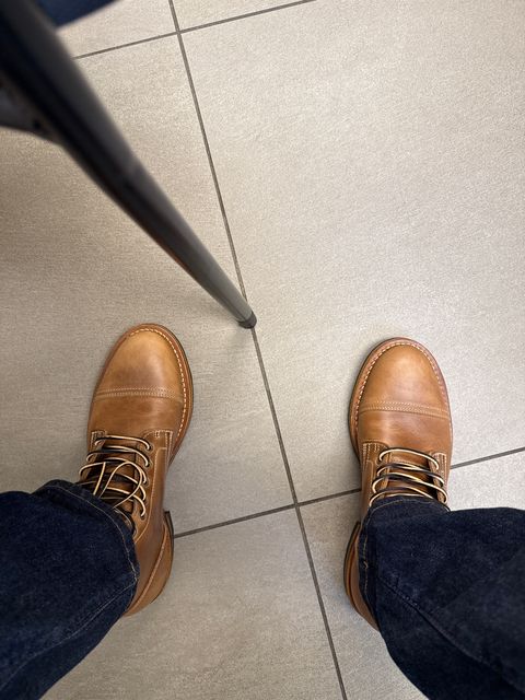 Photo by sweatpantszach on June 12, 2025 of the Truman Cap Toe Boot in Seidel Sesame Double Shot.