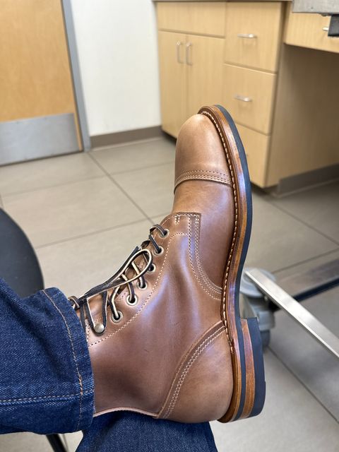 Photo by sweatpantszach on June 12, 2025 of the Truman Cap Toe Boot in Seidel Sesame Double Shot.