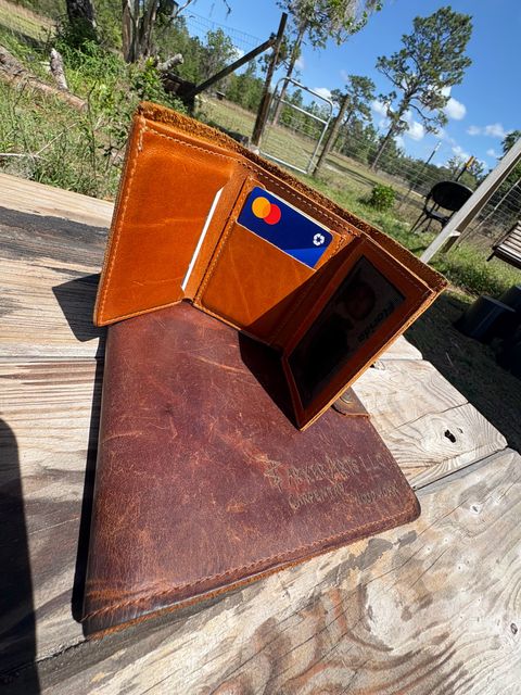 Photo by MuttBarker on April 4, 2026 of the Rodos Leather Crafts Camel Full Grain Leather Trifold Wallet in Tochigi Oil Vachetta #1 Light Brown.