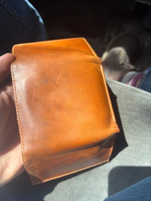 Photo by MuttBarker on March 31, 2026 of the Rodos Leather Crafts Camel Full Grain Leather Trifold Wallet in Tochigi Oil Vachetta #1 Light Brown.