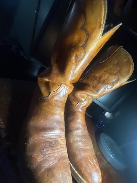 Photo by thebootlover12 on April 22, 2024 of the golden retriever  cowboy boots western in calf leather.