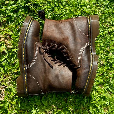 Photo by stinkypatina on July 14, 2026 of the Dr. Martens 1460 Pascal Made In England in C.F. Stead Rustic Brown Wax Commander.