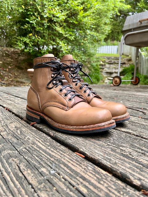Photo by RockCityWelt on April 15, 2025 of the White's MP-Sherman Plain Toe in Horween Natural Chromexcel.