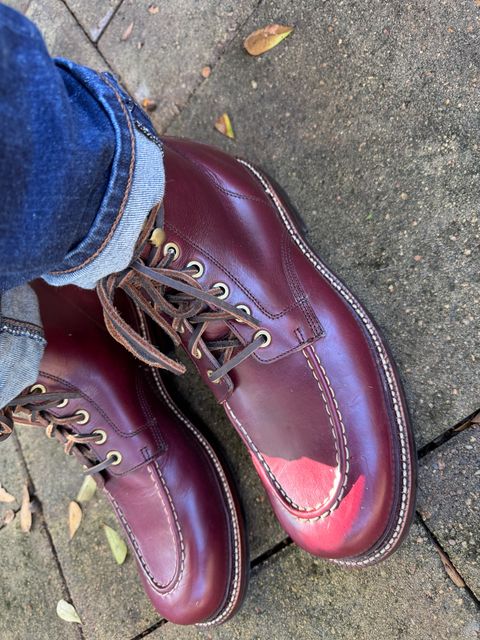 Photo by foughtthelaw on November 6, 2024 of the Grant Stone Brass Boot in Horween Color 8 Chromexcel.