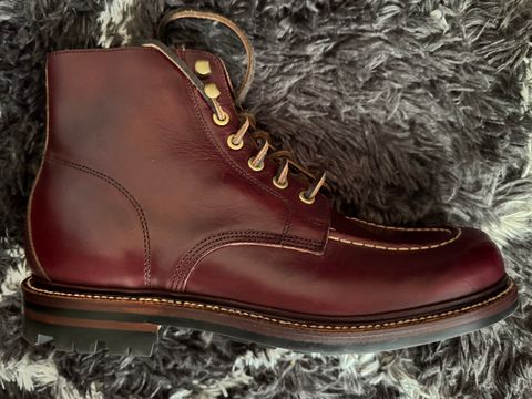 Photo by foughtthelaw on October 28, 2024 of the Grant Stone Brass Boot in Horween Color 8 Chromexcel.